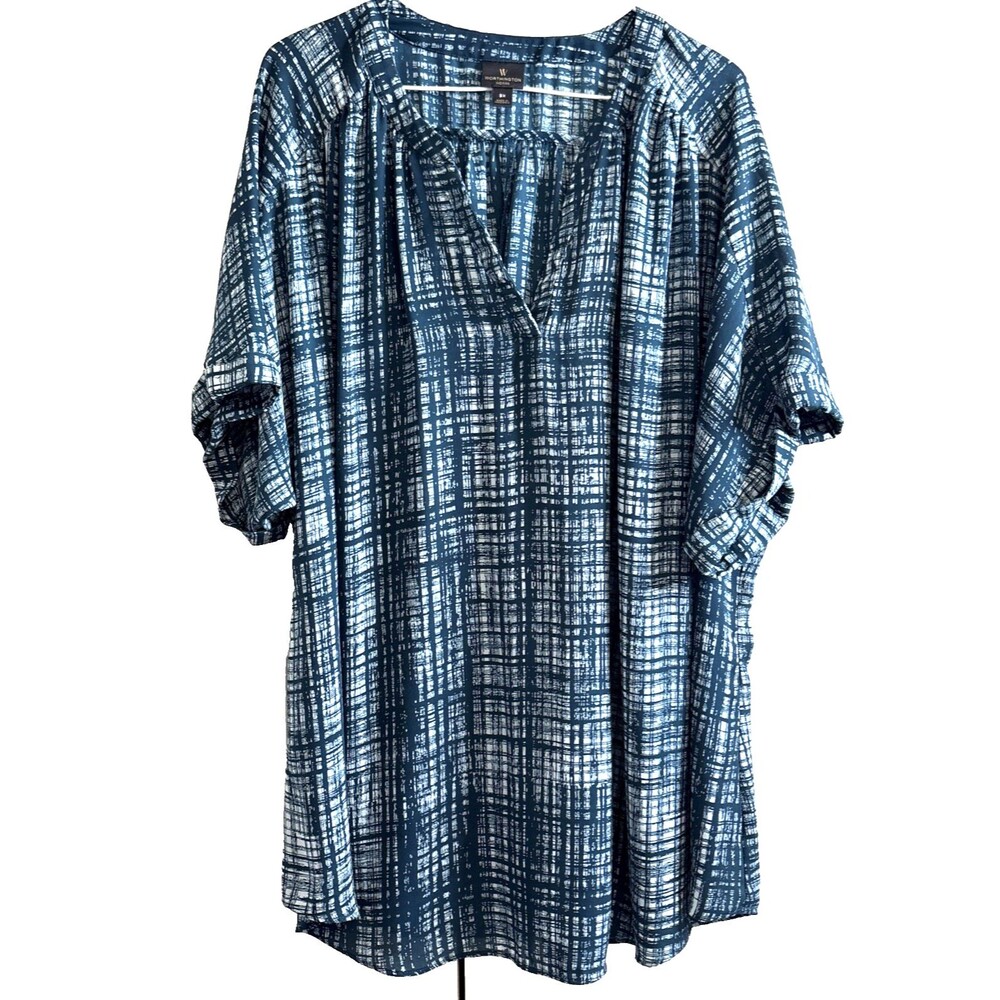 Worthington Pullover Blouse V Neck Green White Pattern Womens 3XL